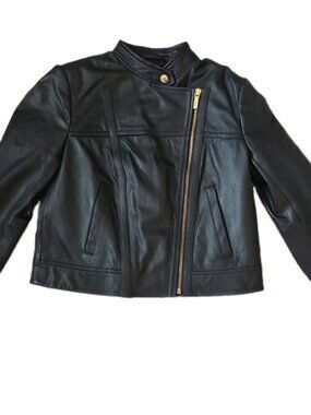 Michael Kors Cropped Genuine Leather Black Moto Jacket Fitted Soft Small Petite
